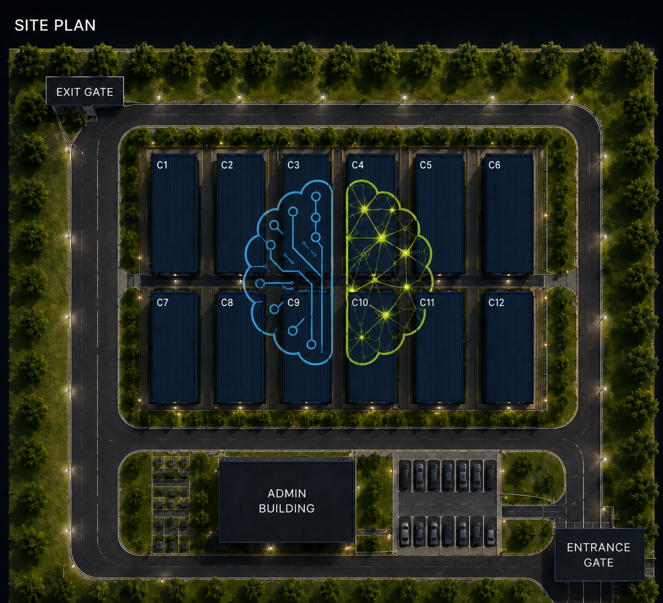 ContainABrain site plan with twelve container positions, an administration building, access roads and parking