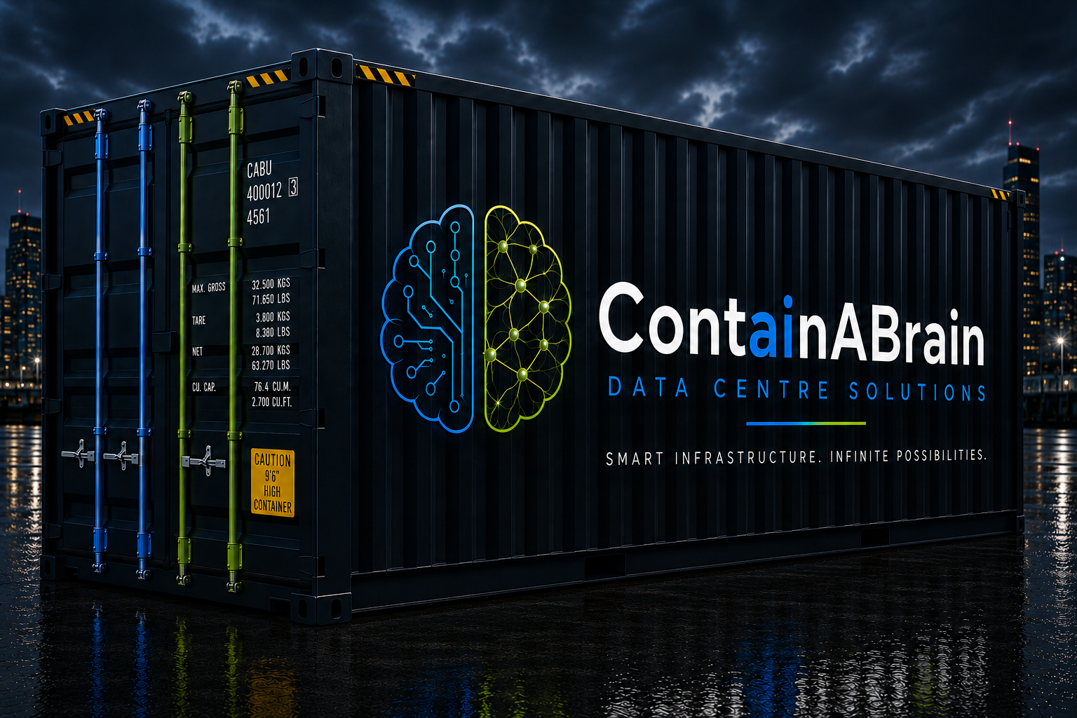 ContainABrain branded container with blue and lime brain emblem and blue ai lettering